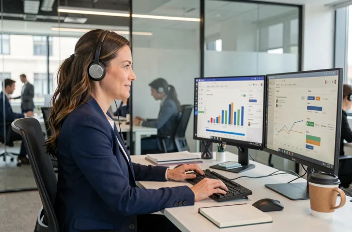 Téléopératrice professionnelle avec casque sans fil gérant des appels dans un bureau moderne, illustrant le concept de standard téléphonique externalisé pour entreprise