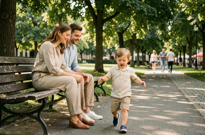 Parents encourageant leur enfant à faire ses premiers pas dans un parc verdoyant en famille