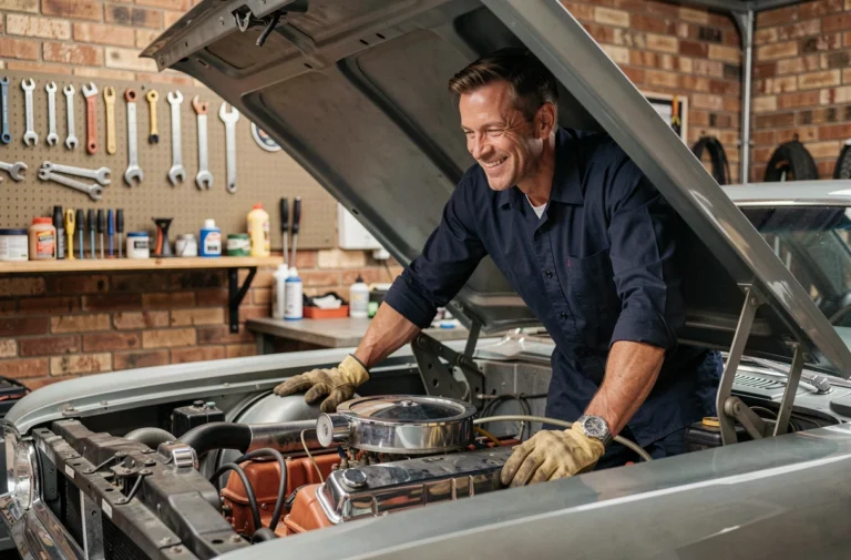 Amateur passionné de voitures classiques inspectant le moteur d'un muscle car vintage dans un garage privé bien équipé