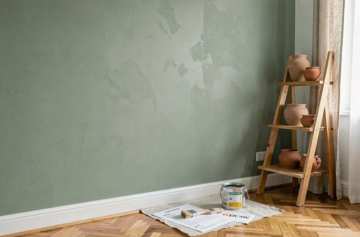 Mur peint en vert sauge avec peinture minérale sans COV, pinceau en soies naturelles et certification zéro composé organique volatil