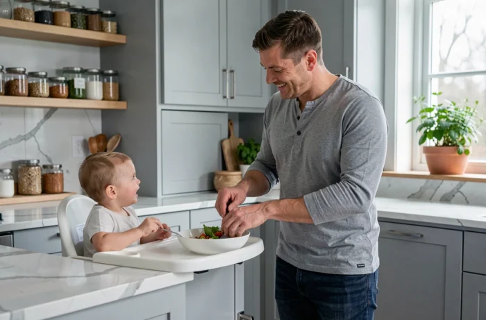 Père préparant un repas sain dans une cuisine moderne avec son bébé assis dans une chaise haute