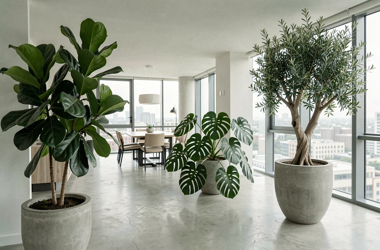 Grandes plantes d'intérieur utilisées comme éléments structurants pour délimiter les zones d'un appartement