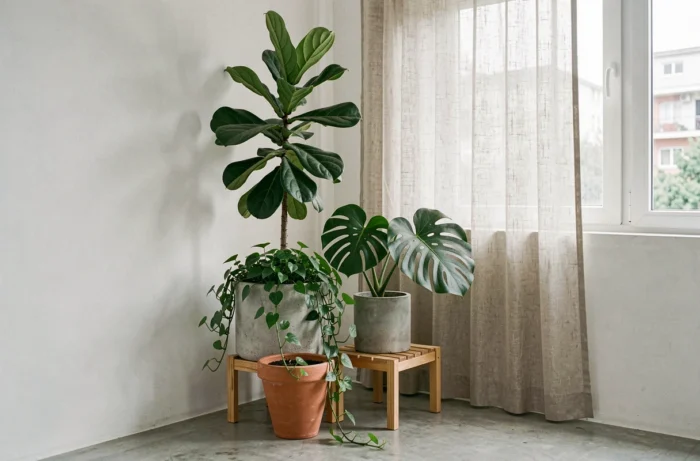 Arrangement de plantes d'intérieur en pots en terre cuite et béton créant une architecture végétale dans un appartement moderne