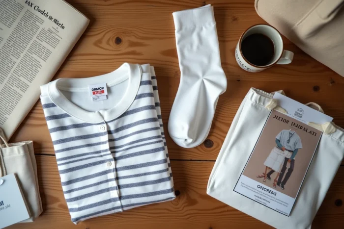 Plat posé de vêtements Armor Lux avec un prospectus Intermarché sur une table en bois