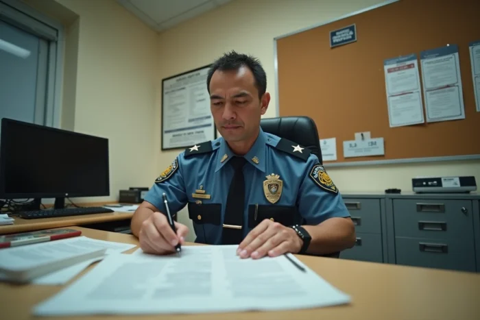 Officier de police en poste examinant des documents juridiques relatifs à une mesure d'éloignement, dans un commissariat réaliste