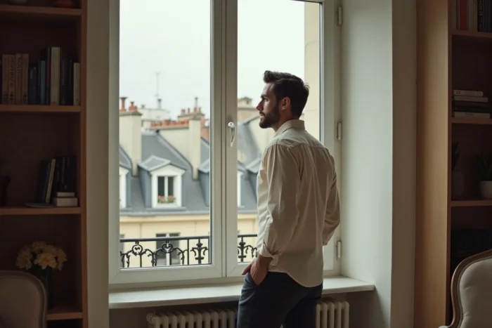 Homme pensif près d'une fenêtre avec vue sur les toits parisiens, portrait intimiste évoquant la sphère privée