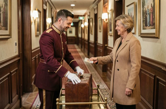 Groom en uniforme bordeaux recevant un pourboire d'une cliente élégante dans le couloir d'un grand hôtel luxueux