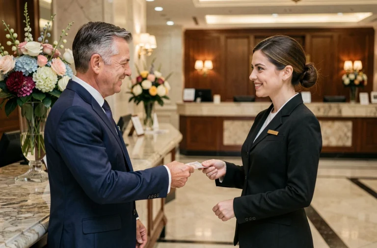 Client hôtel remettant discrètement un pourboire à une concierge en uniforme dans un lobby de palace cinq étoiles
