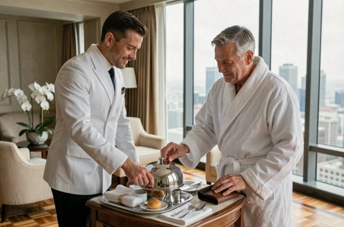 Serveur room service en veste blanche recevant un pourboire dans une suite d'hôtel cinq étoiles avec vue sur la ville