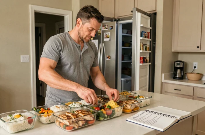 Homme préparant ses repas de la semaine dans des boîtes en verre, illustrant la préparation des repas à l'avance