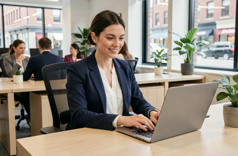 Professionnelle en blazer marine contactant une équipe spécialisée depuis son bureau moderne dans un espace de travail contemporain