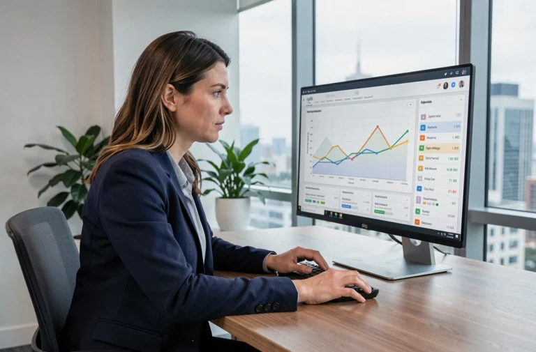 Une professionnelle analysant des données SEO et des statistiques de référencement sur un grand écran dans un bureau moderne