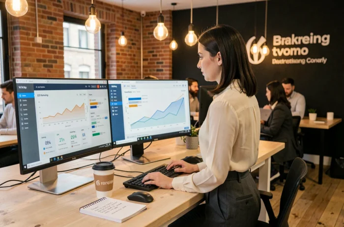 Chargée de marketing B2B analysant des tableaux de bord de performance dans un open-space d'agence moderne en France