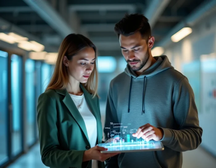 Deux jeunes professionnels collaborant autour d'une tablette affichant des visualisations de données IA dans un bureau de startup technologique