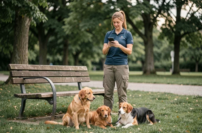 Promeneuse de chiens professionnelle consultant son téléphone dans un parc avec plusieurs chiens autour d'elle, illustrant la gestion tarifaire d'un service de promenade