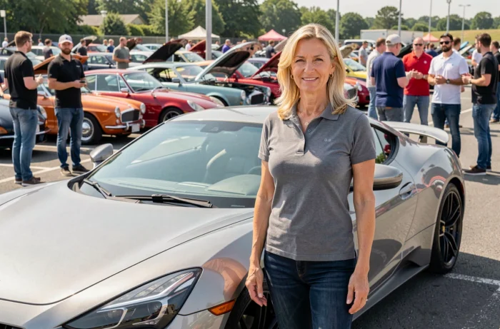 Femme passionnée d'automobile posant fièrement lors d'un rassemblement de voitures de sport en plein air