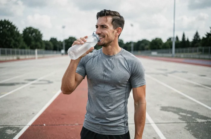 Athlète masculin se réhydratant avec une boisson électrolyte sur une piste d'athlétisme pour une récupération optimale