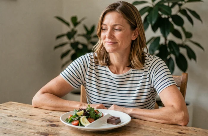 Femme mangeant un repas équilibré incluant une petite gourmandise, illustrant la règle 80/20 pour manger sans culpabilité