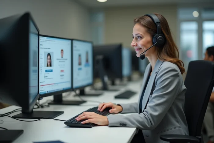 Représentante du service client avec casque audio répondant aux demandes dans un centre de support professionnel