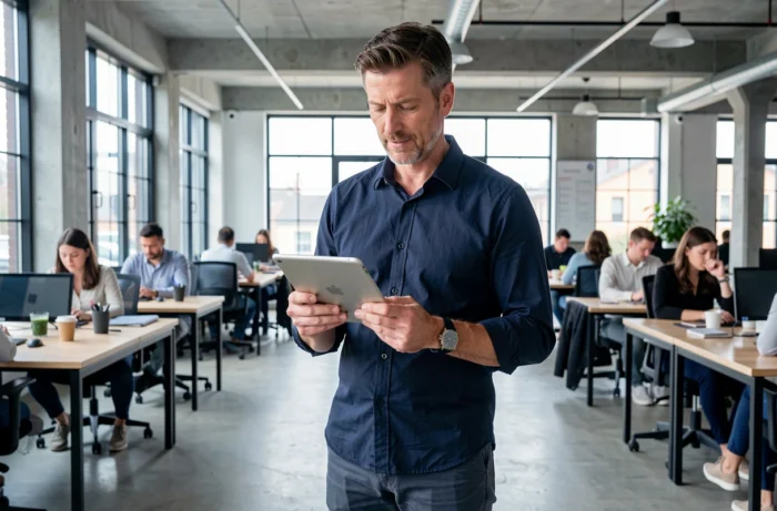 Homme consultant des ressources numériques sur tablette dans un espace de co-working moderne