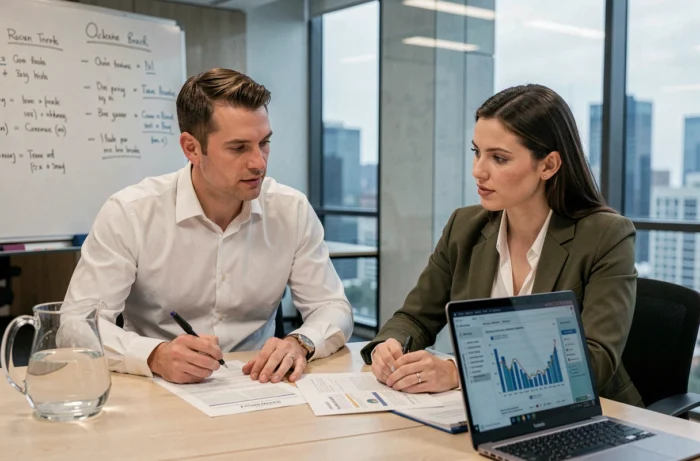 Deux professionnels analysant des rapports financiers et solutions BNP Net Entreprise en salle de réunion d'entreprise
