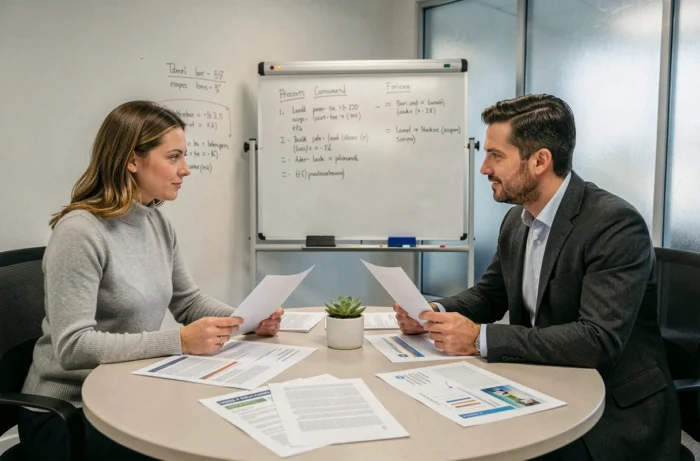 Deux professionnels en réunion autour d'une table pour discuter d'un projet avec l'équipe Redracing Green