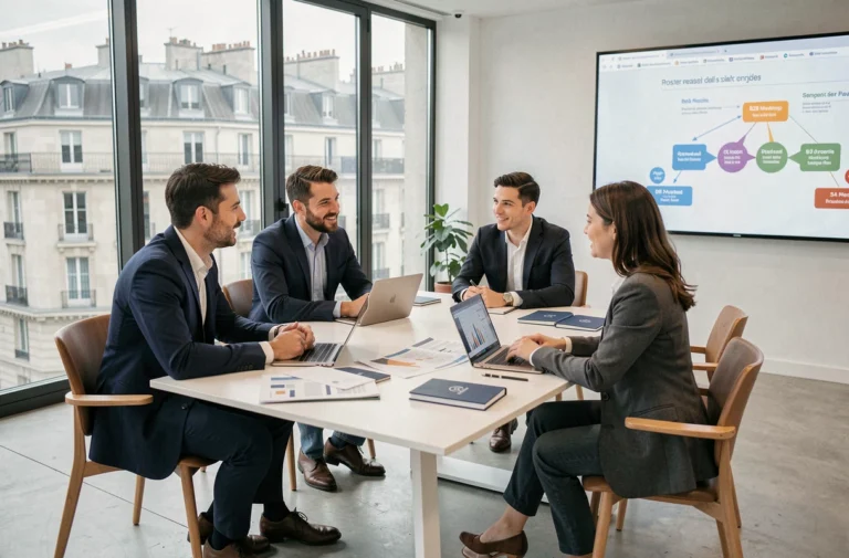 Réunion stratégique d'une équipe marketing B2B dans une agence parisienne moderne avec vue sur la ville