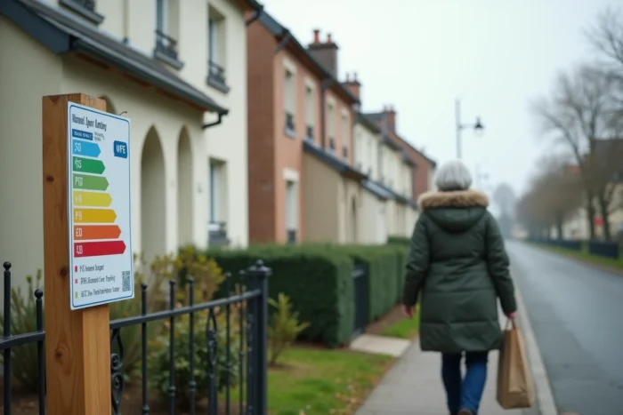 Rue pavillonnaire française avec affichage DPE et résidente illustrant l'impact de la taxe carbone sur les maisons individuelles