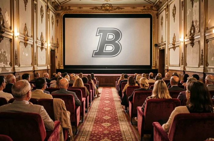 Salle de cinéma vintage avec écran affichant la lettre B pour les personnages célèbres de films