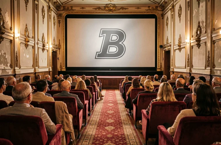 Salle de cinéma vintage avec écran affichant la lettre B pour les personnages célèbres de films