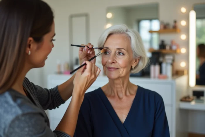 Femme aux cheveux blancs courts en séance de maquillage professionnel dans un salon de beauté moderne, mise en valeur des yeux après 60 ans