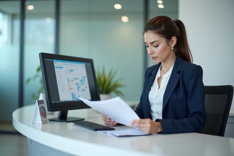 Secrétaire médicale professionnelle assise à son bureau dans un cabinet médical moderne, révisant des documents avec une expression concentrée