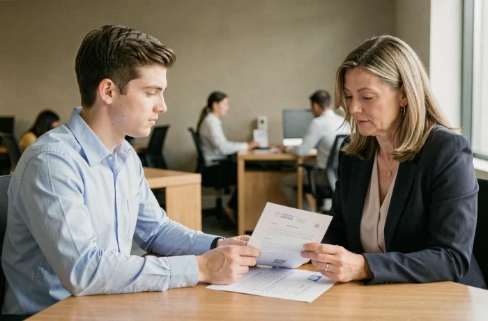 Un jeune apprenti et une responsable RH examinent ensemble un contrat d'apprentissage dans un bureau moderne