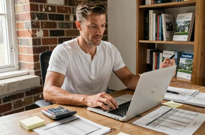 Homme comparant des taux de crédit immobilier avec un ordinateur et une calculatrice dans un bureau à domicile