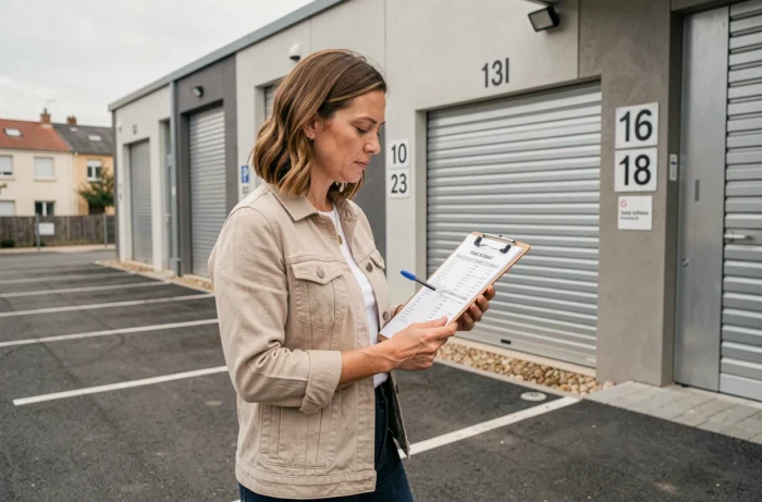 Femme consultant les tarifs d'un box de stockage devant une installation de self-stockage à Noisy-le-Grand