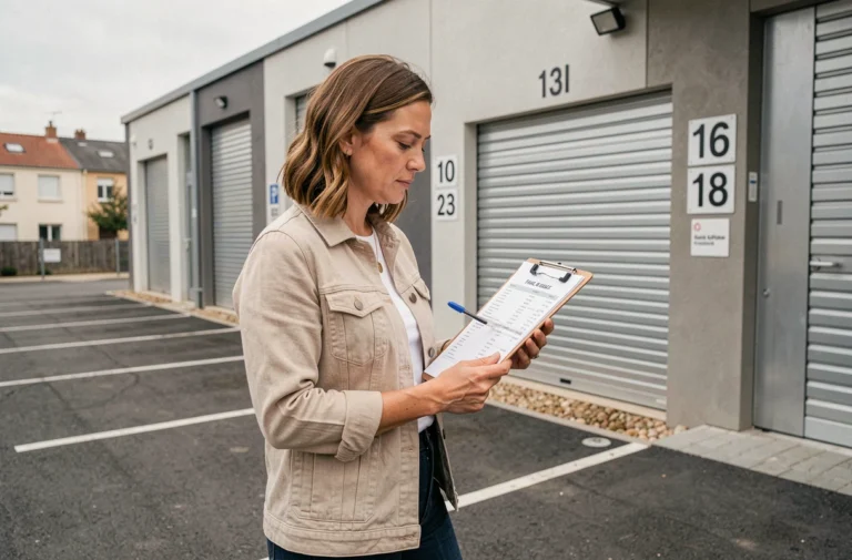 Femme consultant les tarifs d'un box de stockage devant une installation de self-stockage à Noisy-le-Grand
