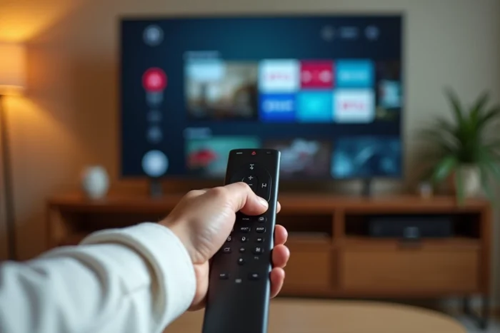 Gros plan sur des mains tenant une télécommande LG Magic Remote pour configurer une TV WebOS