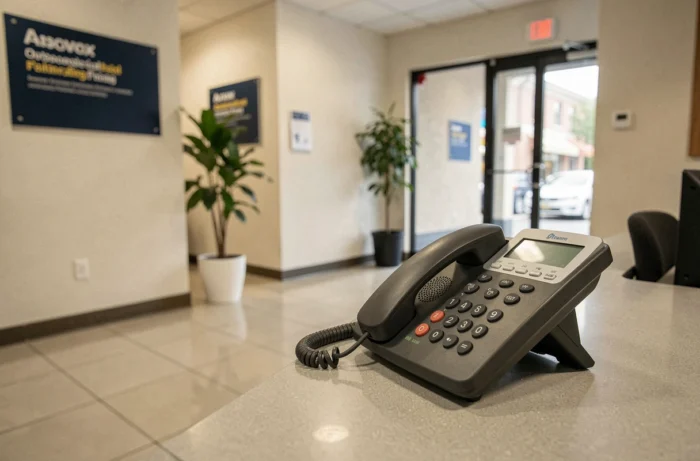 Téléphone professionnel sur le bureau d'accueil d'une petite entreprise symbolisant la gestion des appels par un standard externalisé