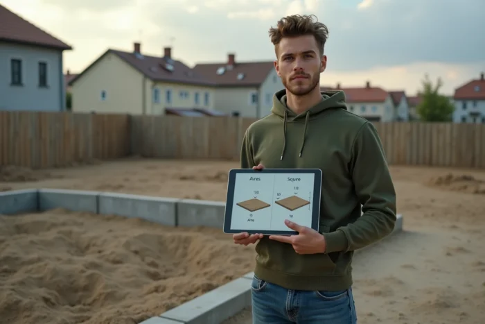 Jeune homme sur un terrain constructible consultant un outil numérique de conversion hectare en mètres carrés