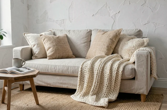 Canapé en lin et coussins en chanvre et laine brute dans un coin lecture scandinave avec tapis en jute