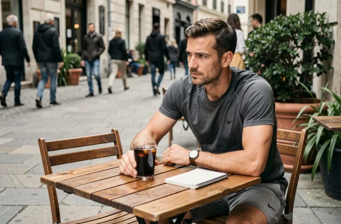 Homme en terrasse avec un thé glacé non sucré adapté au jeûne intermittent
