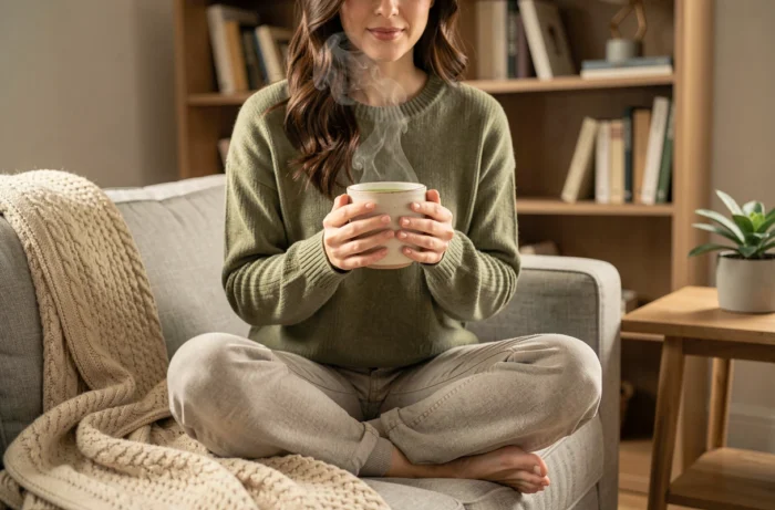 Femme savourant une tasse de thé vert chaud à la maison durant une période de jeûne intermittent