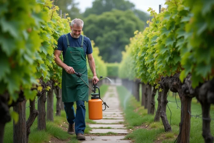 Traitement à la bouillie bordelaise sur des vignes de jardin contre les maladies fongiques