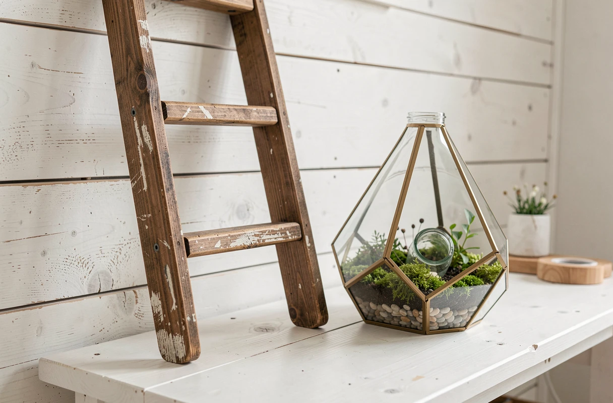 Échelle en bois recyclée en porte-serviettes et bouteille vintage détournée en terrarium par upcycling