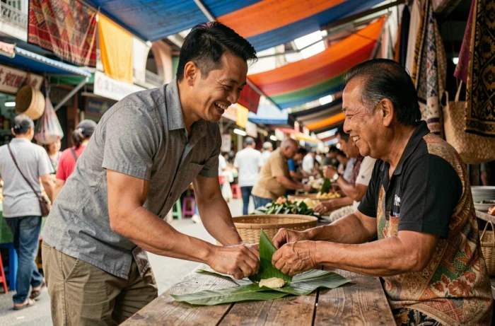Voyageur apprenant une technique culinaire locale dans un marché de rue en Asie du Sud-Est, activité culturelle originale
