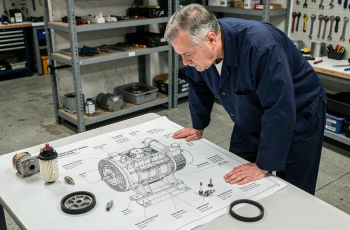 Technicien étudiant la vue éclatée d'un groupe électrogène SDMO sur table d'atelier professionnel