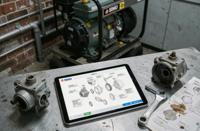 Tablette affichant une vue éclatée numérique du groupe électrogène SDMO avec outils de maintenance au premier plan
